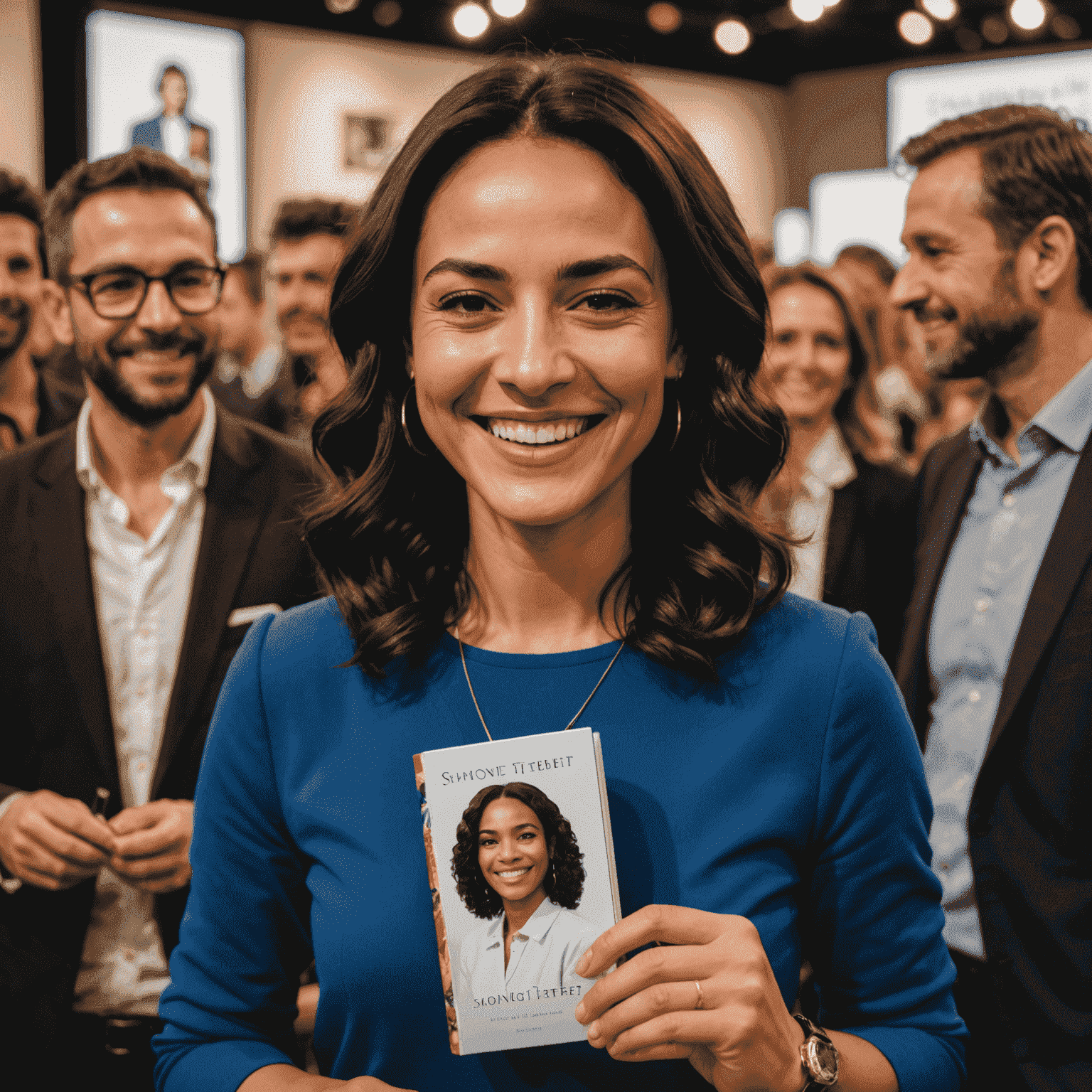 Simone Tebet sorrindo e segurando seu novo livro autobiográfico em um evento de lançamento. Ela está vestida elegantemente e rodeada por fãs entusiasmados.