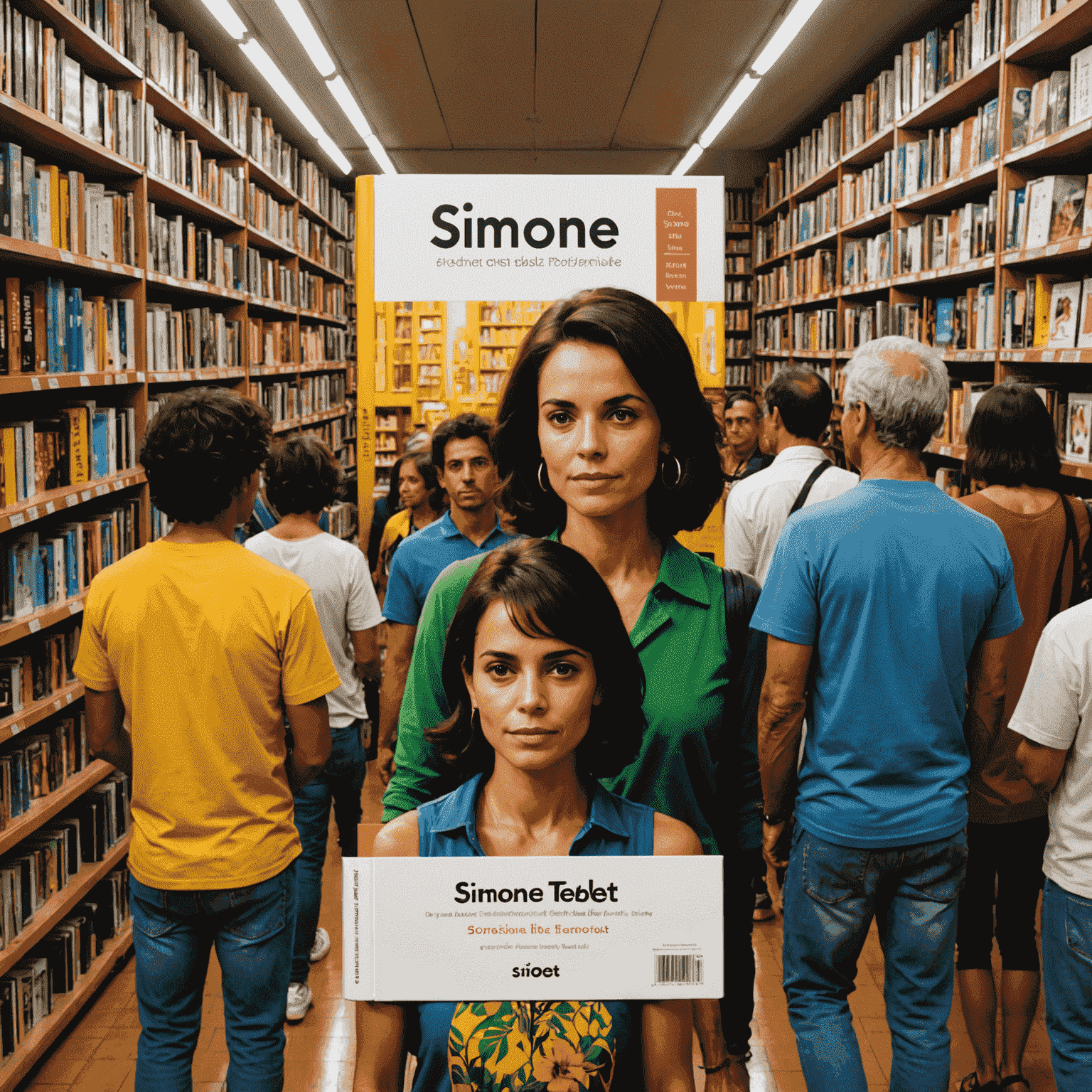 Capa do livro de Simone Tebet em destaque em uma livraria brasileira, com filas de pessoas esperando para comprar