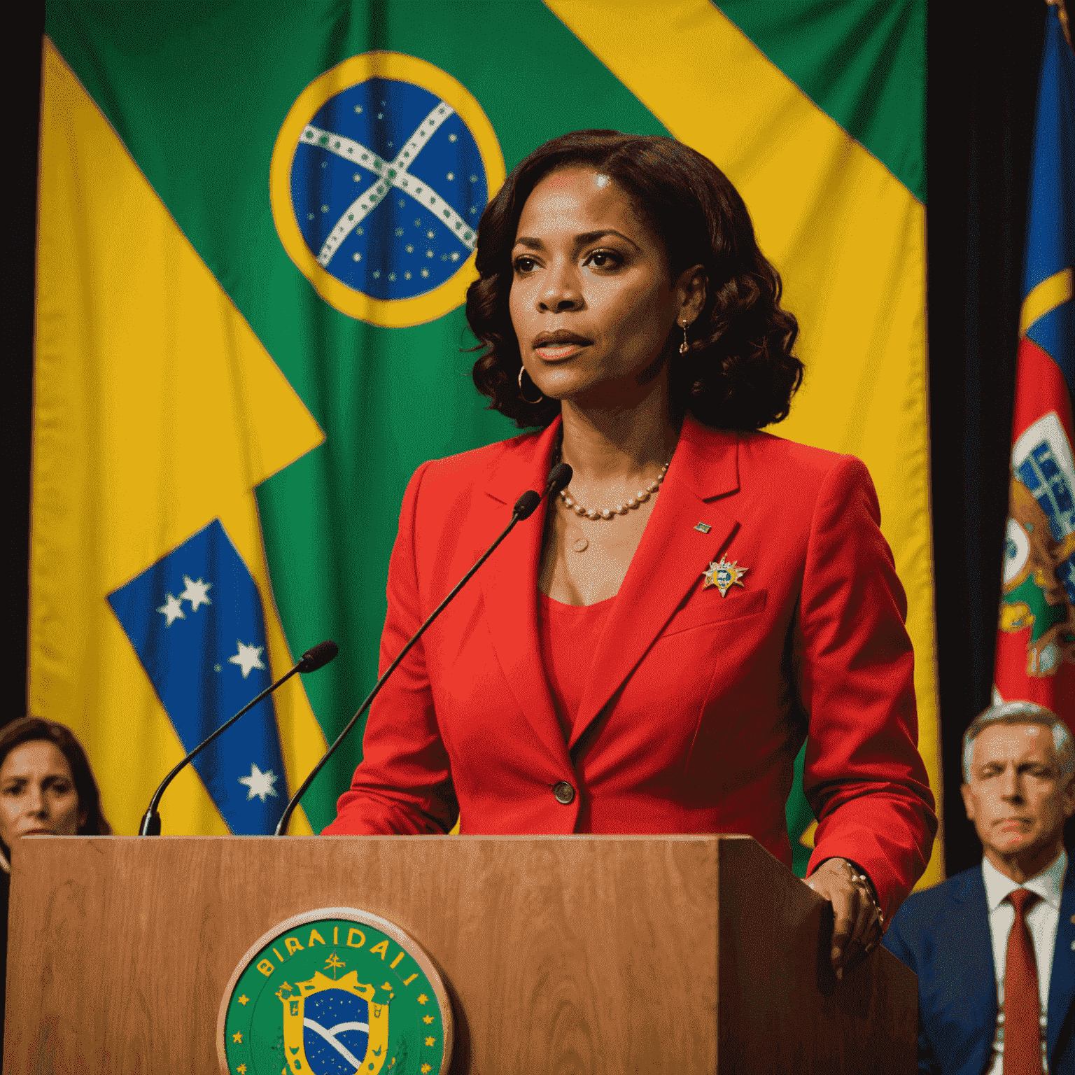 Imagem de Simone Tebet em um evento político, vestindo um terno vermelho, falando em um pódio com a bandeira brasileira ao fundo