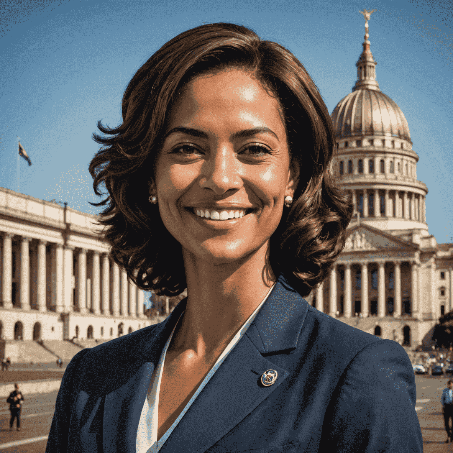 Retrato de Simone Tebet sorrindo, vestida formalmente em frente ao Congresso Nacional do Brasil