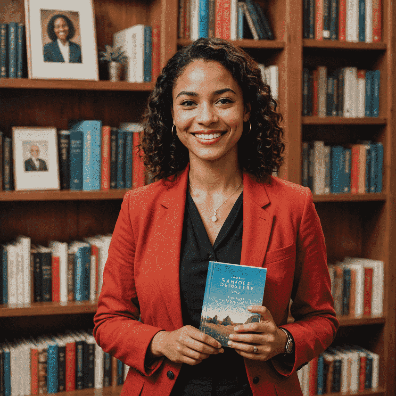 Simone Tebet sorrindo e segurando seu livro autobiográfico em frente a uma estante de livros. Ela está vestindo um blazer vermelho e tem uma expressão calorosa e acolhedora.