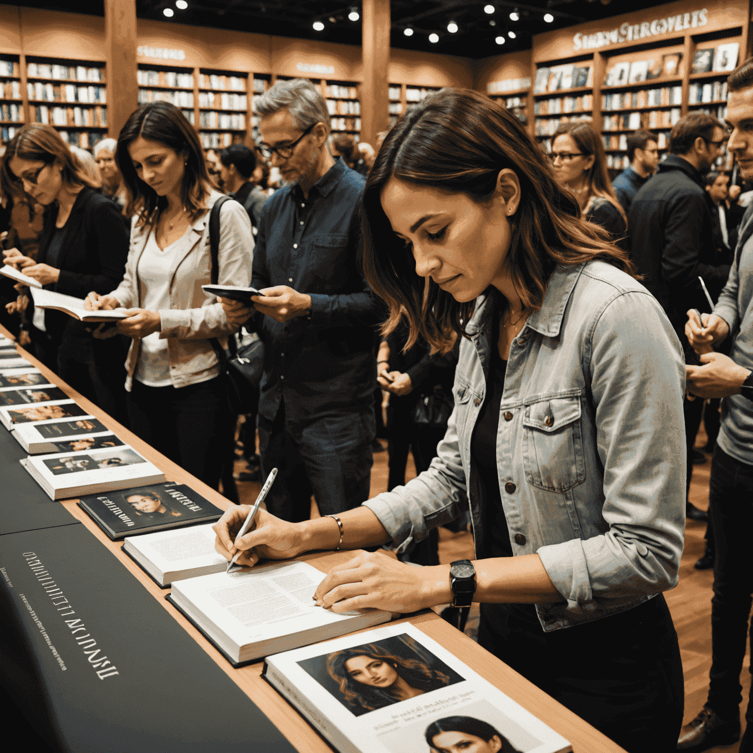 Simone Tebet autografando seu livro para uma longa fila de fãs em uma livraria lotada