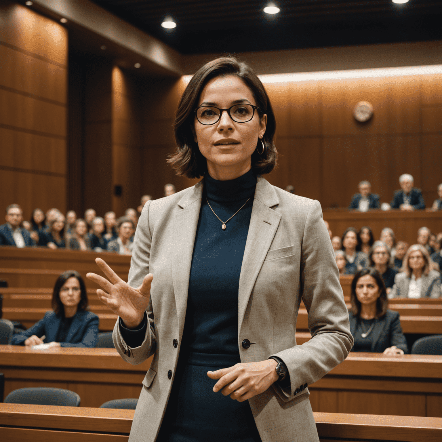 Simone Tebet discursando em um auditório acadêmico, vestida formalmente e gesticulando com confiança