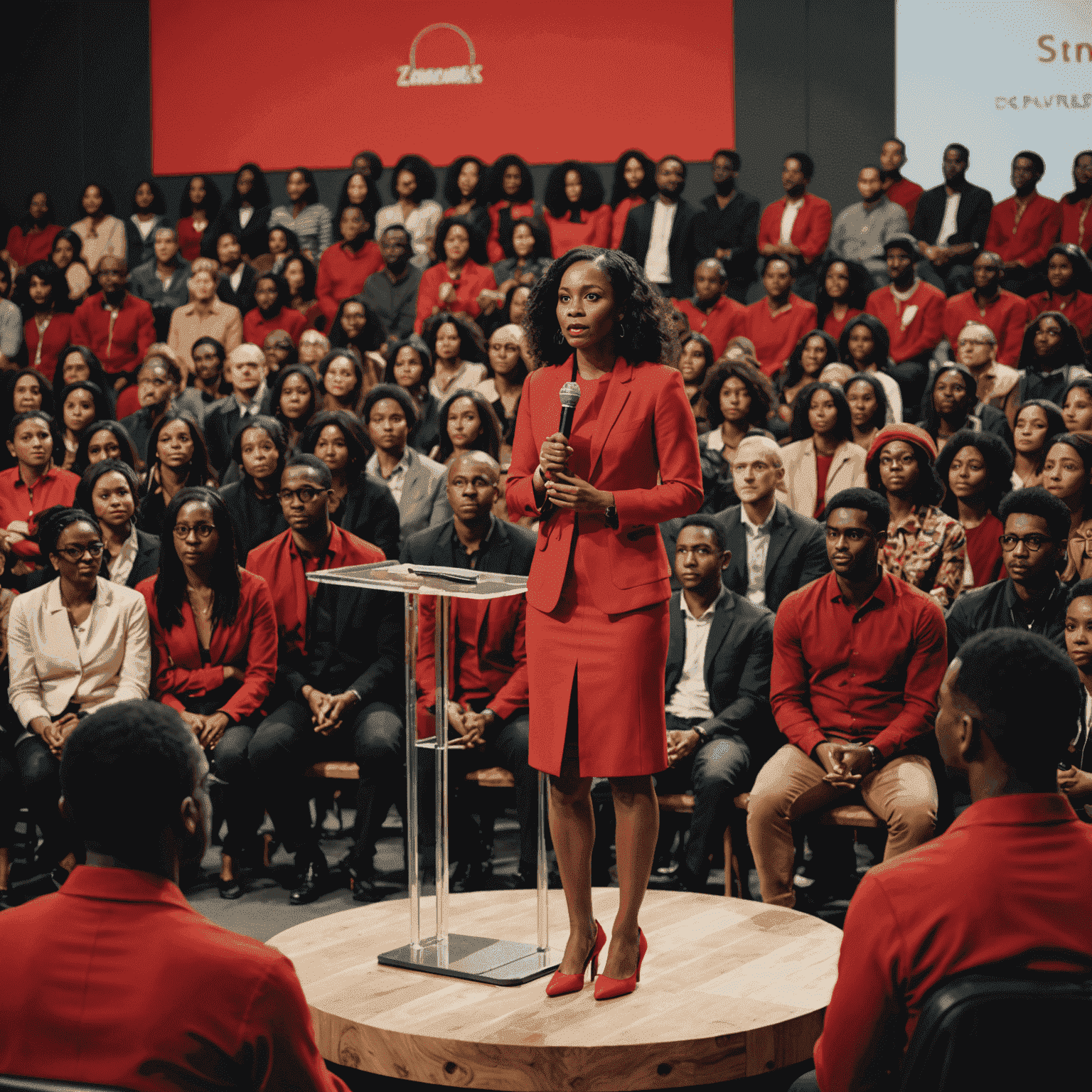 Imagem de Simone Tebet discursando em um palanque, vestida de vermelho, com uma multidão diversa ao fundo