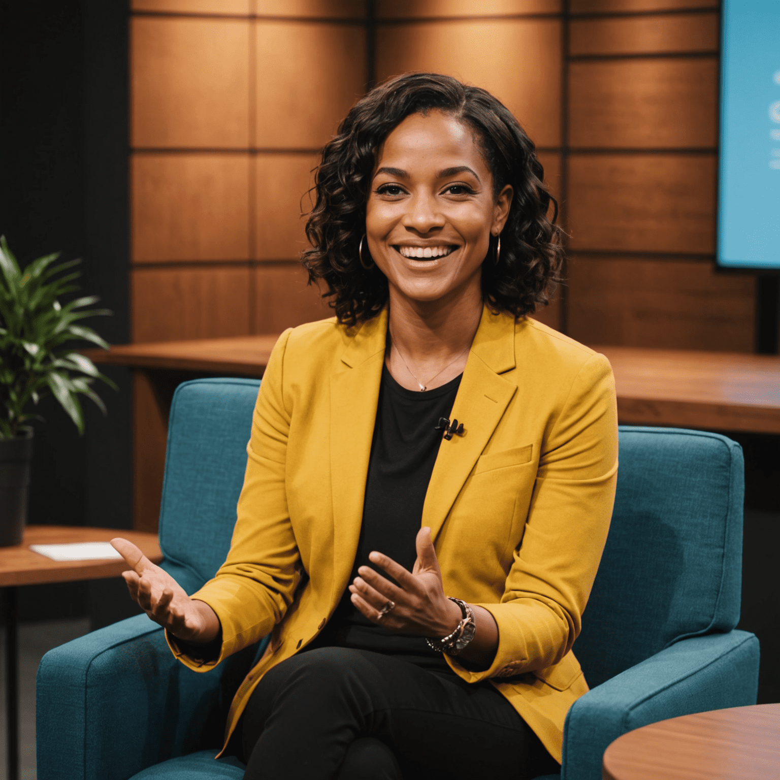 Simone Tebet sentada em um estúdio de entrevista, sorrindo e gesticulando enquanto fala sobre seu novo livro