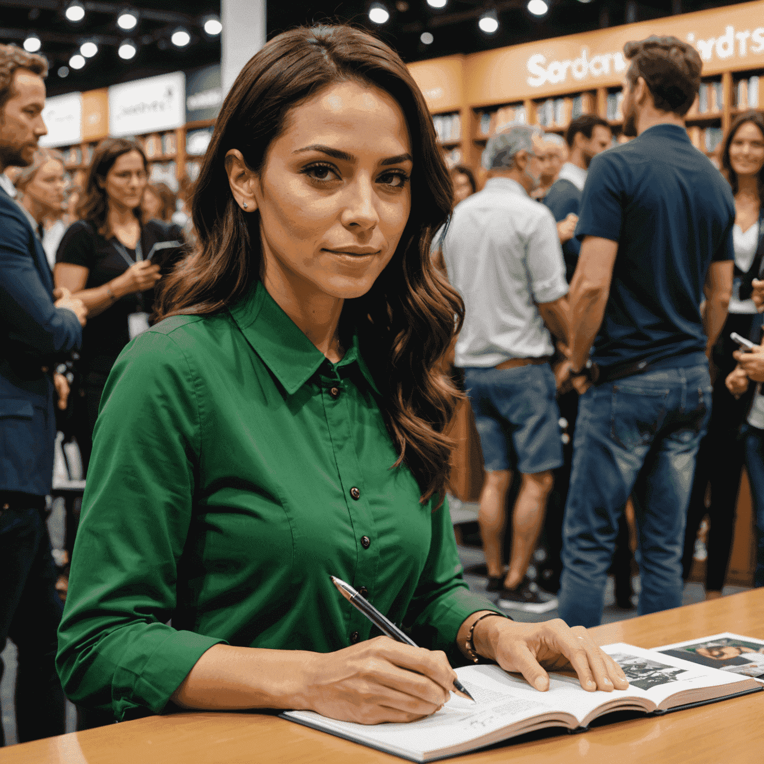 Simone Tebet em um evento de lançamento do livro, assinando autógrafos e interagindo com os fãs